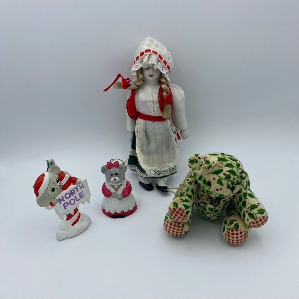 Christmas Holiday Ornaments Lot Of 4 Creepy Doll Patchwork Bear Mice North Pole